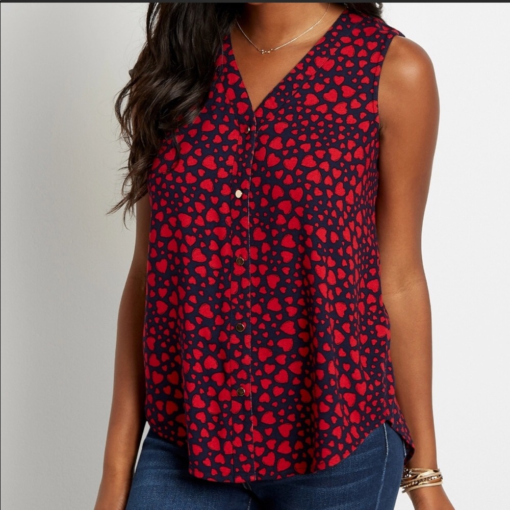 Maurice’s Navy Button Down Sleeveless Top with Red Hearts